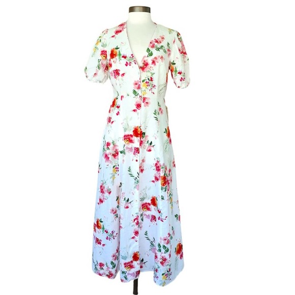 ZARA White Floral Linen Blend Midi Maxi Dress Puff Sleeve Medium - Picture 2 of 11